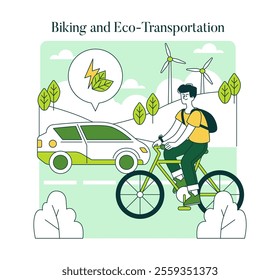 Green Lifestyle concept. A person cycling beside an energy-efficient car with wind turbines in the background. Sustainable travel and renewable energy. Vector illustration.