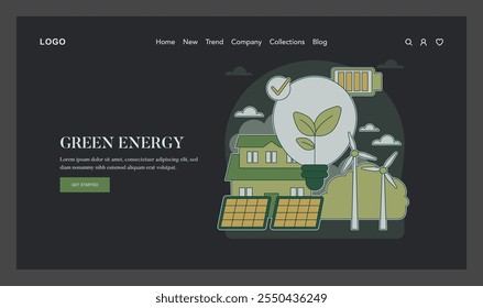 Concepto de estilo de vida verde. Fuentes de energía renovables como paneles solares y turbinas eólicas que alimentan un hogar. Vida ecológica con soluciones sostenibles. Ilustración vectorial.