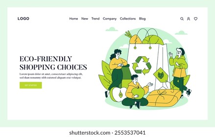 Green Lifestyle concept. Three individuals engage in sustainable shopping, showcasing eco-friendly habits within a digital interface. Encourages reusable products. Vector illustration.