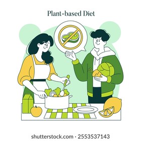 Green Lifestyle concept. Two people embrace a plant-based diet, with one cooking vegetables and another rejecting meat. Healthy eating habits. Vector illustration.