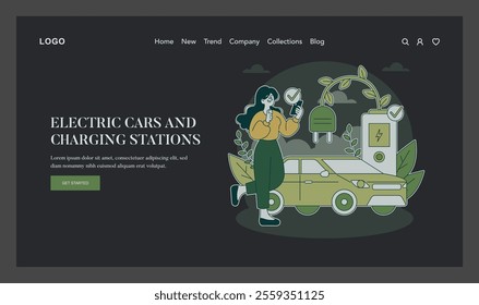 Green Lifestyle concept. Woman using an eco-friendly electric vehicle at a charging station. Renewable energy and sustainable transport. Vector illustration.