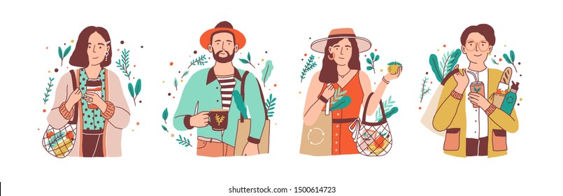 Conjunto de ilustrações vetoriais de estilo de vida verde. Homens e mulheres jovens segurando um pacote de personagens de desenhos animados de produtos naturais. Desperdício zero, vegetarianismo, preservação do meio ambiente, conceito de proteção ecológica.