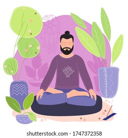 Green lifestyle home yoga flat vector illustrations. young girl meditates in a green house. Home yoga practice. Yoga day. Self-isolation., vegetarianism, ecology protection concept