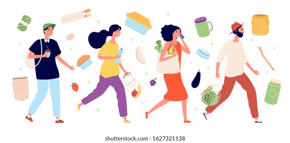 Green Lifestyle. Natural Ecological Food, Sustainable Bag. Man With Vegan Drink And Woman With Bio Pack. Vector Eco Friendly Illustration