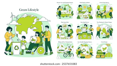 Green Lifestyle set. Sustainable living practices and eco-friendly habits. Recycling, plant-based diet, renewable energy, and green urban spaces. Vector illustration.