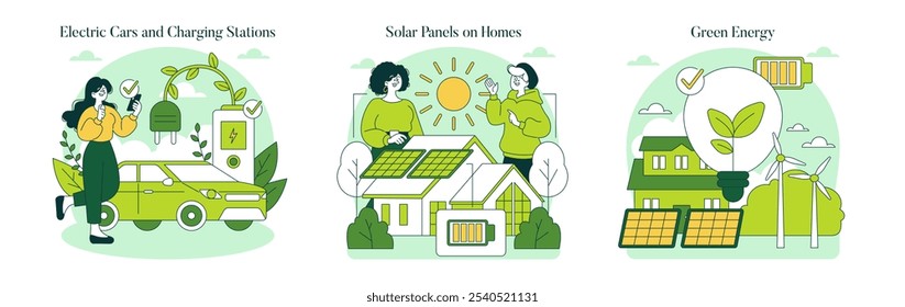 Conjunto de estilo de vida verde. Vida sostenible a través de vehículos eléctricos, energía solar y energía eólica. Opciones ecológicas cotidianas para un planeta más sano. Ilustración vectorial.