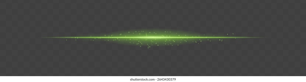 Green light beam with sparkling dust particles on transparent background. Radiant horizontal flare evokes magic, luxury, and cinematic glow ideal for fantasy scenes or festive transitions.