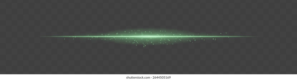 Green light beam with sparkling dust particles on transparent background. Radiant horizontal flare evokes magic, luxury, and cinematic glow ideal for fantasy scenes or festive transitions.