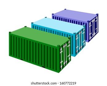 Green, Light Blue and Blue Cargo Containers, Freight Containers or Shipping Containers for Portable Storage, Overseas Shipping or Mobile Office. 