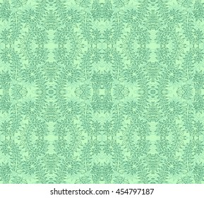 Green and light blue intricate lacy vector seamless pattern with stylized floral elements; folk, rustic or boho style