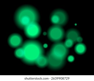 Green light bokeh. Soft blurry circles in random size and opacity on dark background. Atmospheric and abstract, fits dreamy, festive, or sci-fi themes.