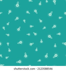Lámpara de luz verde con el concepto de icono de idea aislado patrón sin fisuras sobre fondo verde. Símbolo de energía e ideas. Concepto de inspiración.  Ilustración vectorial