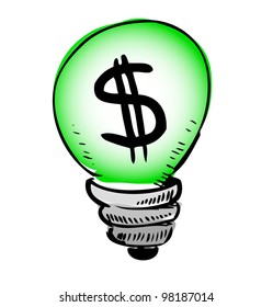Green light bulb with dollar symbol inside. Sketch vector icon