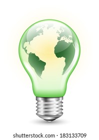 Green light bulb with Earth map inside it