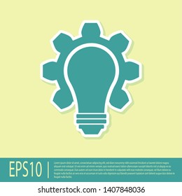 Green Light bulb and gear icon isolated on yellow background. Innovation concept. Business idea. Vector Illustration