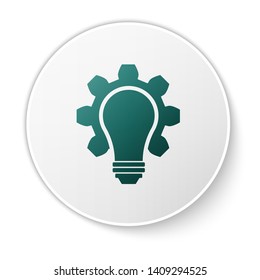 Green Light bulb and gear icon isolated on white background. Innovation concept. Business idea. White circle button. Vector Illustration