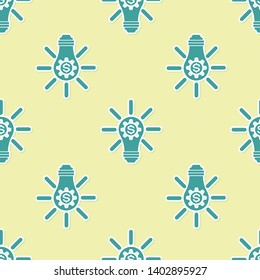 Green Light bulb with gear inside and dollar symbol icon isolated seamless pattern on yellow background. Fintech innovation concept. Vector Illustration
