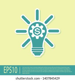Green Light bulb with gear inside and dollar symbol icon isolated on yellow background. Fintech innovation concept. Vector Illustration