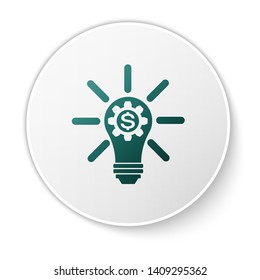 Green Light bulb with gear inside and dollar symbol icon isolated on white background. Fintech innovation concept. White circle button. Vector Illustration