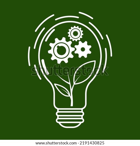 Green Light Bulb Icon with leaf sprout symbol. ESG, green energy and Sustainable industry. Flat outline icon on green background. Vector  Illustration.	