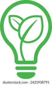 Green light bulb icon with leaves for renewable energy.