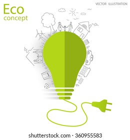 Green light, Light bulb idea, creative drawing ecological concepts, With happy family stories, idea. Vector illustration. Handwriting.