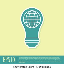 Green Light bulb with inside world globe icon isolated on yellow background. Planet Earth on the lamp. Global ecology concept. Vector Illustration