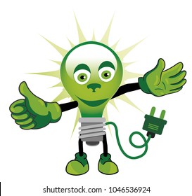 green  light bulb isolated on white background, happy cartoon, eco illustration