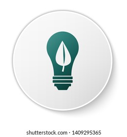 Green Light bulb with leaf icon isolated on white background. Eco energy concept. Alternative energy concept. White circle button. Vector Illustration