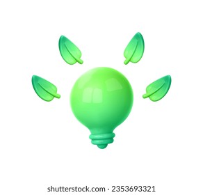 Green light bulb and leaves. Eco energy 3d icon. Green energy, clean energy, renewable, eco friendly concept. Vector cartoon illustration in 3d style