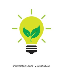 Green light bulb with green leaves inside, symbolizing natural energy.