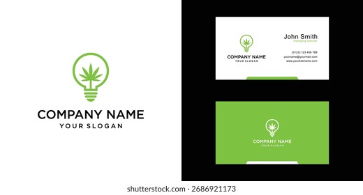 Bombilla verde y diseño de logotipo de Vector de hoja de marihuana.