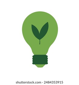 A green light bulb on a white background with a leaf inside. The concept of green energy. Vector, flat style
