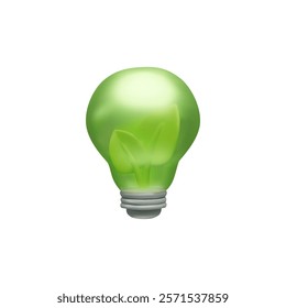 Green light bulb with plant inside 3D cartoon plastic style vector icon. Render electric lighting Eco friendly power. Green energy symbol alternative energy sources, environmental conservation concept