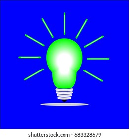 green light bulb with rays on blue background,idea icon