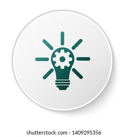Green Light bulb with rays shine and gear inside icon isolated on white background. Innovation concept. White circle button. Vector Illustration