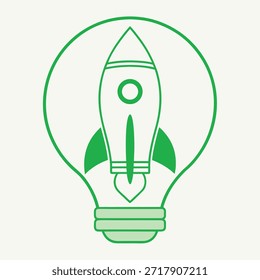 Bombilla verde con un cohete dentro que simboliza la innovación y las ideas creativas