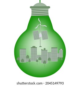 Green light bulb with solar panel, city buildings - vector. Alternative energy. Environmental protection concept.