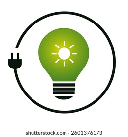 A green light bulb with sun, cord and plug around. Concept symbol wrapped in a black electric cable. This eco-friendly design represents renewable energy, sustainability, and clean technology.