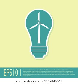 Green Light bulb with wind turbine as idea of eco friendly source of energy icon isolated on yellow background. Alternative energy concept. Vector Illustration