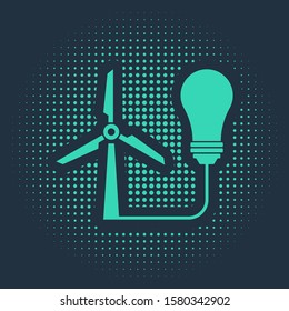 Green Light bulb with wind turbine as idea of eco friendly source of energy icon isolated on blue background. Alternative energy concept. Abstract circle random dots. Vector Illustration