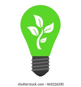 Green light bulb with young plant inside isolated on white. Ecology, renewable energy, saving and growth concept. Vector illustration. EPS 8, no transparency