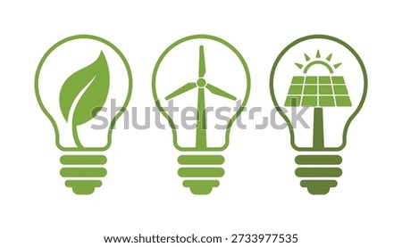 Green light bulbs with eco friendly energy symbols inside white background lightbulb leaf