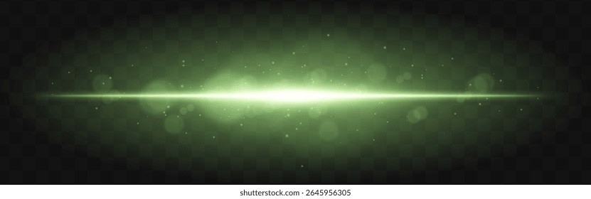 Green light burst. Bright horizontal beam with glowing particles and soft flare effect over dark grid background, suitable for sci-fi or tech visuals.