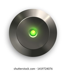 Green light button template with metal texture for user interfaces, ui, applications and app. Chrome, silver, steel, iron, aluminum realistic texture. Vector illustration. Isolated on white background