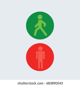 green light character going & red stop in stoplight symbol icon. two round circle buttons in traffic light sign Vector isolated. crossing pedestrians flat design. back to school cartoon isolated