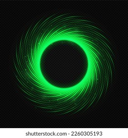 Green light circle with sparkles. A green flash flies in a circle in a luminous ring. Abstract glittering swirl.