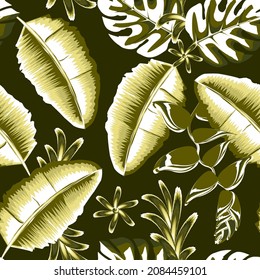 green light color banana plants leaves illustration seamless pattern with tropical monstera leaf and heliconia flower on night background. vector design. fashionable print textur. Exotic tropics