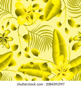 green light color monochromatic stylish tropical banana leaves plants with abstract flowers and palm foliage seamless pattern on pastel background. vector design. fashionable texture. Exotic tropics.