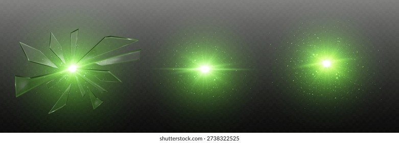 Green light effect expanding through shattered glass elements and glowing particles